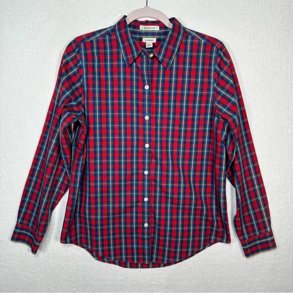 LL Bean Shirt Mens Small‎ Red Blue Plaid Cotton Button Up Collared Wrinkle Free
